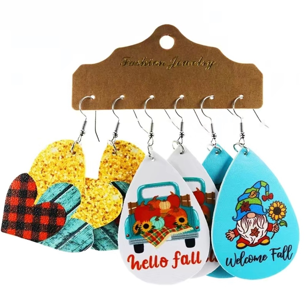 New 3 Pair Faux Leather Fall Gnome Heart Plaid Earrings